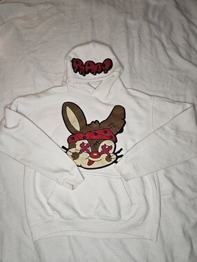 White Kids Pullover Hoodie with Bunny Graphic RAW XL